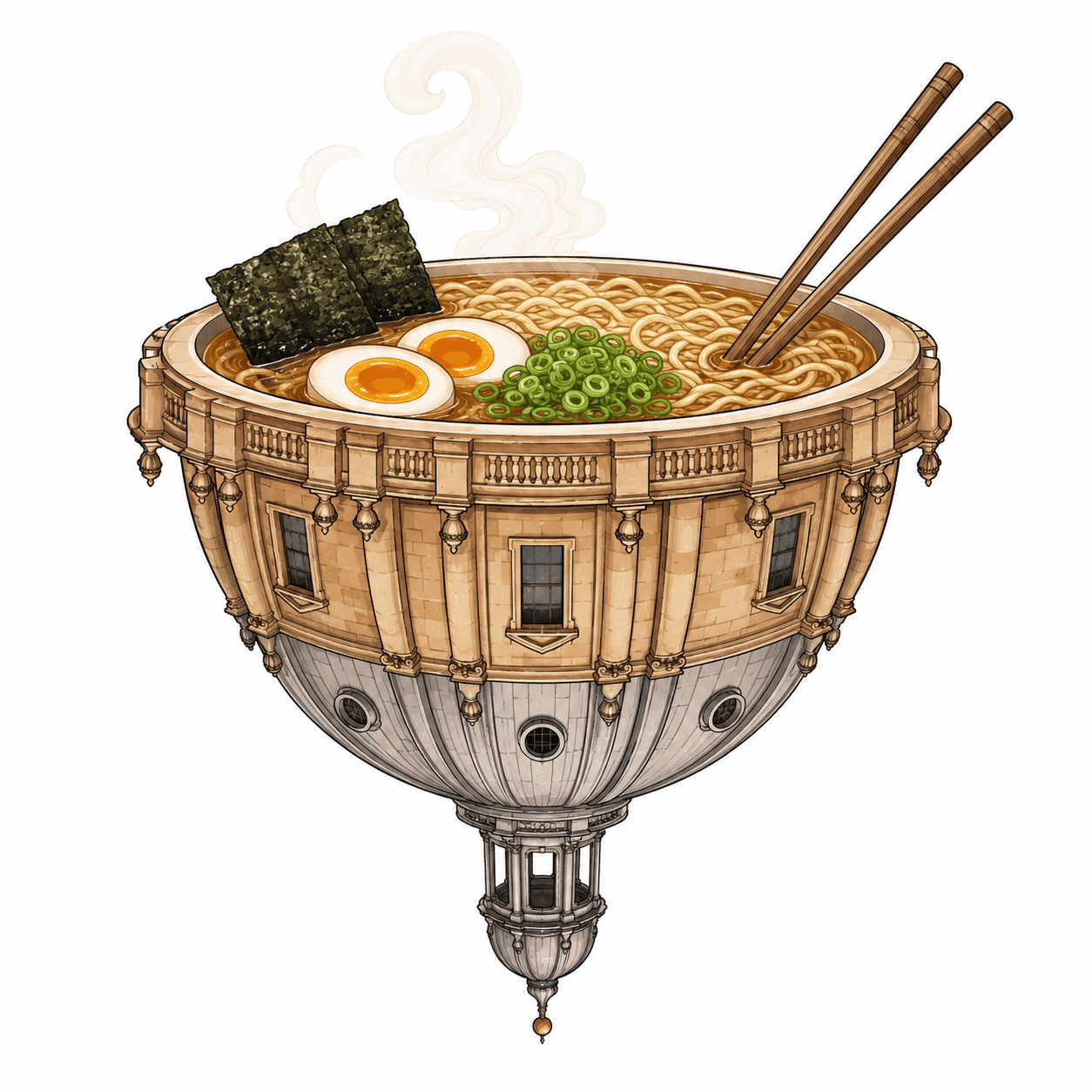 Oxford ramen — the Radcliffe Camera reimagined as a steaming bowl of ramen